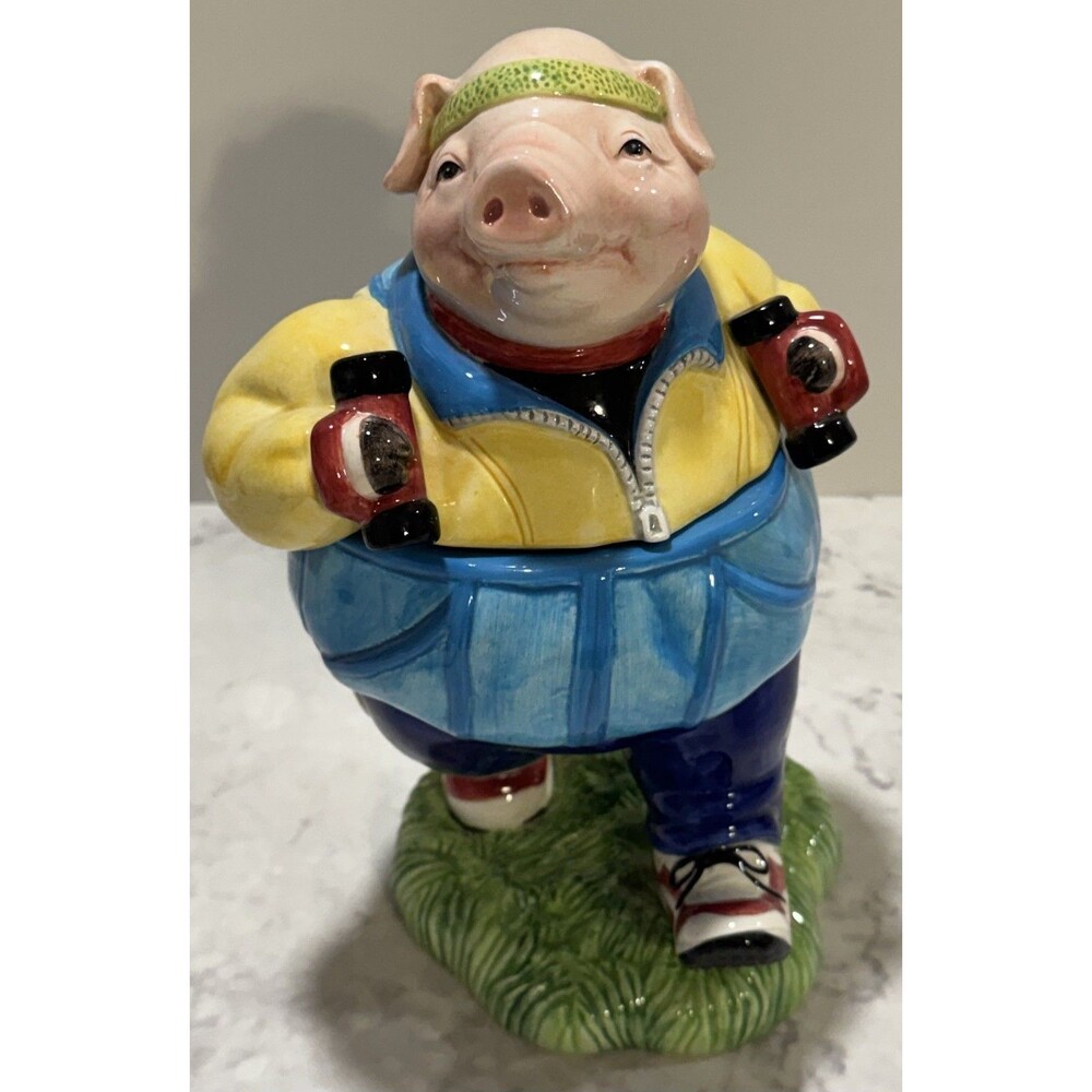 Fitz & Floyd Pork Belly Pig Jogger Walker Lidded Candy Cookie Jar